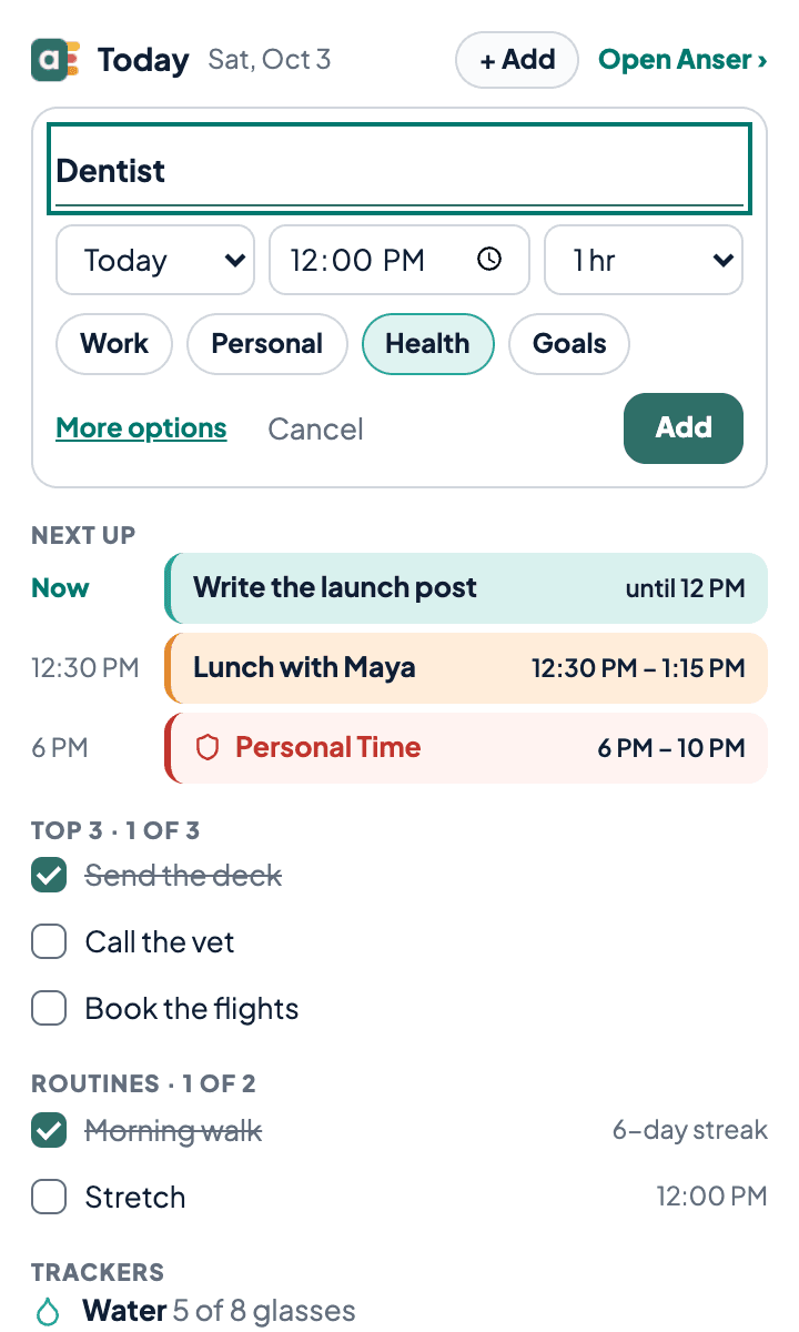 The popup’s quick add: a title, Today at 12:00 PM for 1 hr, and the categories Work, Personal, Health and Goals