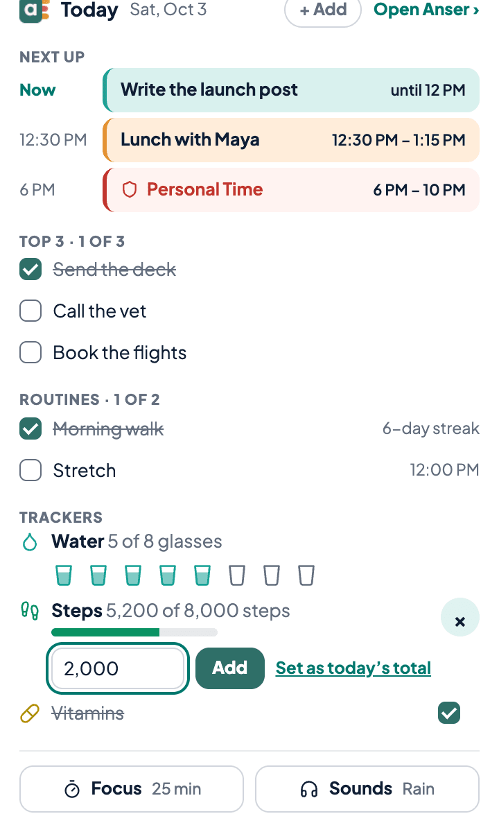 The popup with a Top 3 item ticked, a routine ticked, and the Steps tracker open to type 2,000 steps