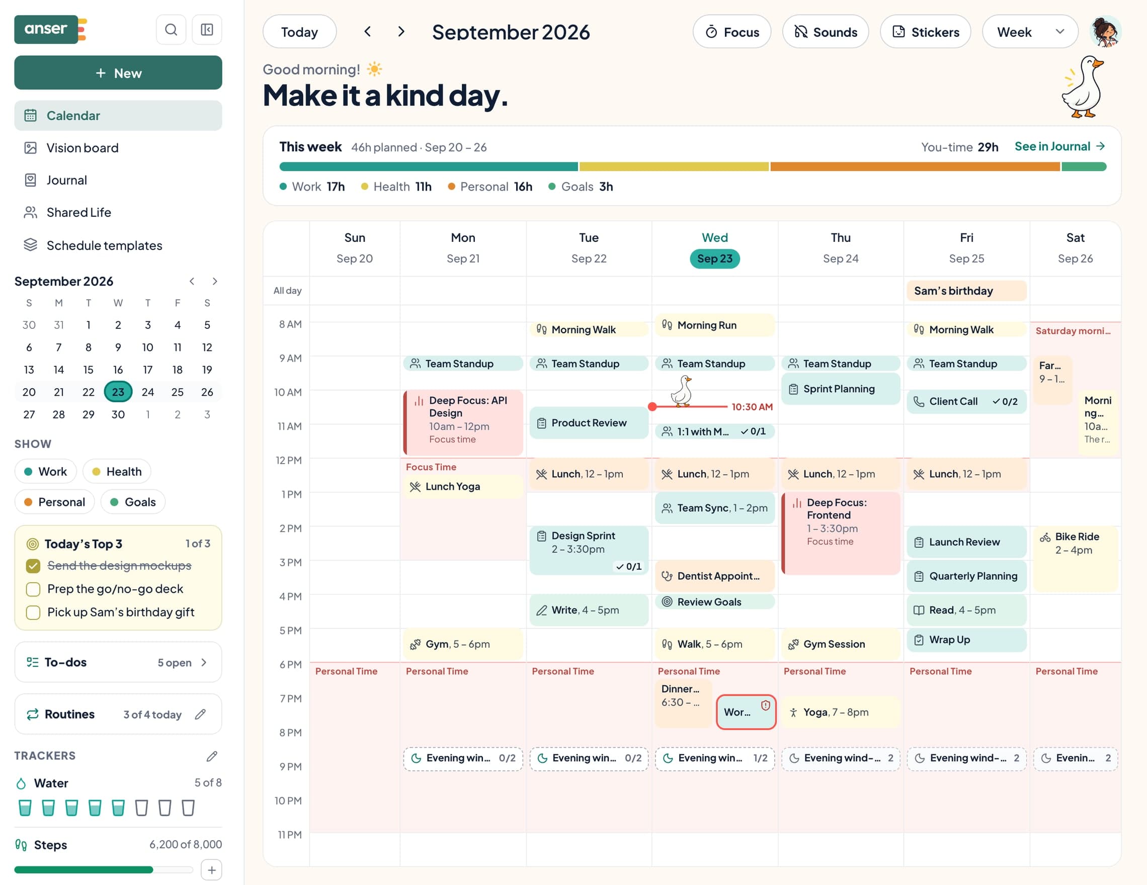 The Anser calendar in week view: this week's hours by category, work, health and personal events, coral Deep Focus blocks, evenings marked as Personal Time, and Today's Top 3, to-dos, routines and trackers in the sidebar
