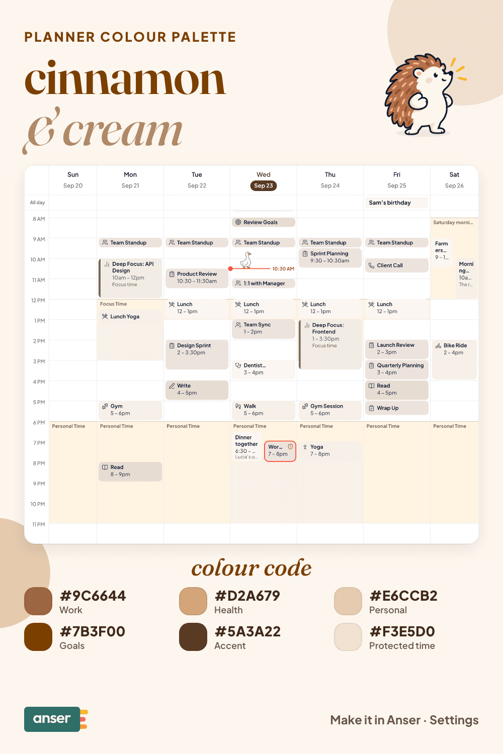 A week in Anser in the cinnamon & cream palette, with its six hex codes