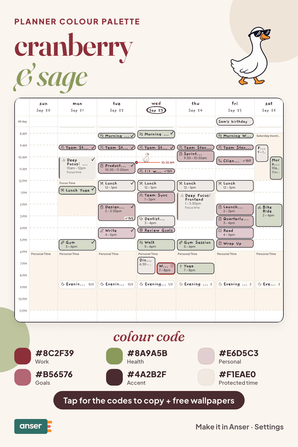 A week in Anser in the cranberry & sage palette, in the Hand-drawn style, with its six hex codes
